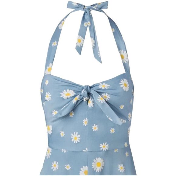 UNIQUE VINTAGE 50s Daisy Halter Swing Dress in Blue and White 1X - Picture 3 of 12